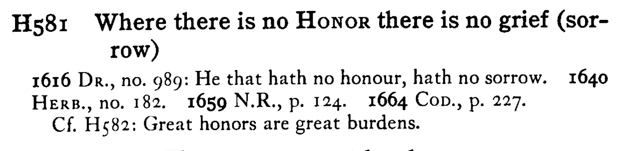 Where there is no HONOR there is no grief (sorrow) - a scanned entry from Tilley's 1950 Dictionary of Proverbs.