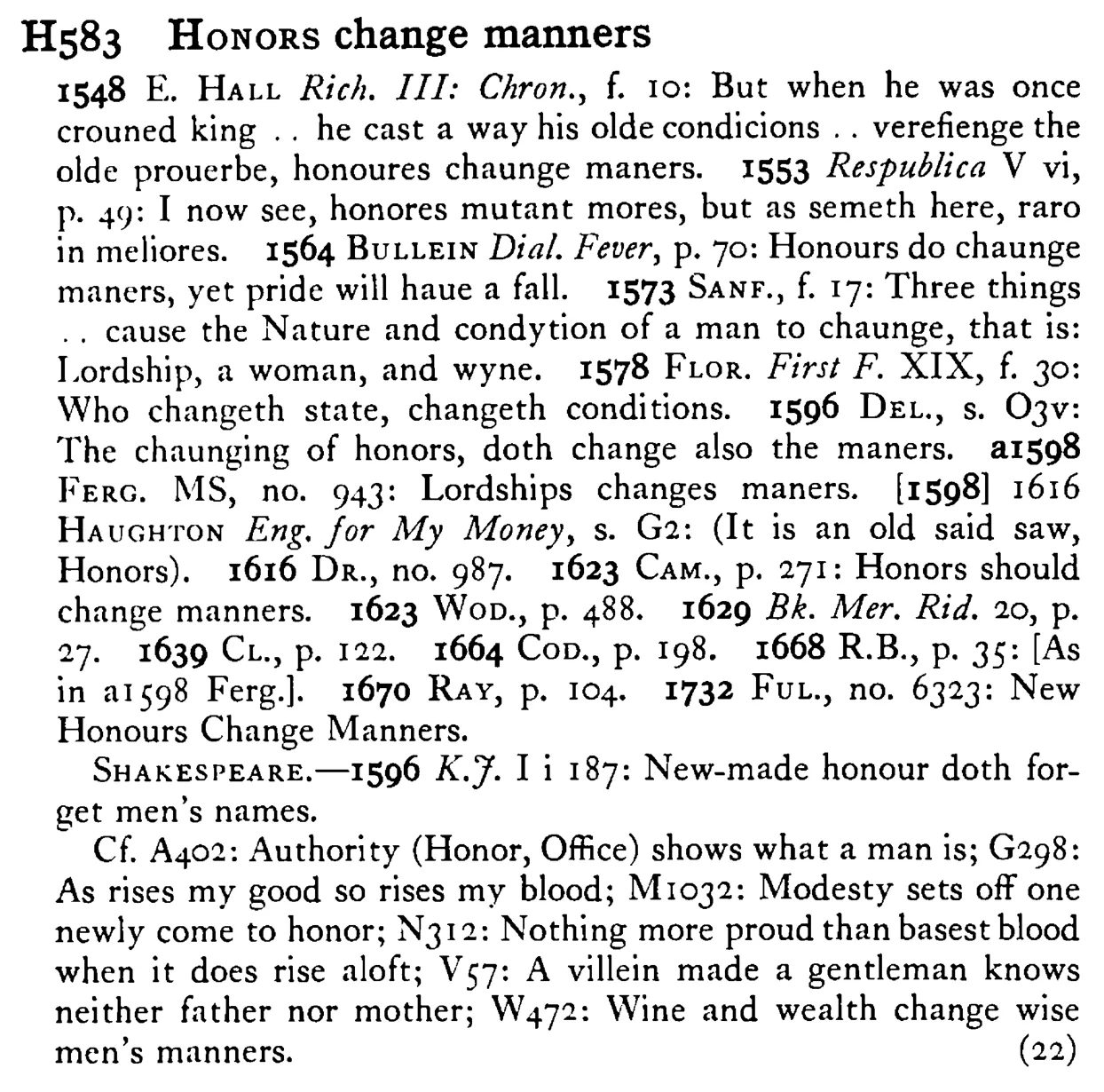 HONORS change manners - a scanned entry from Tilley's 1950 Dictionary of Proverbs.