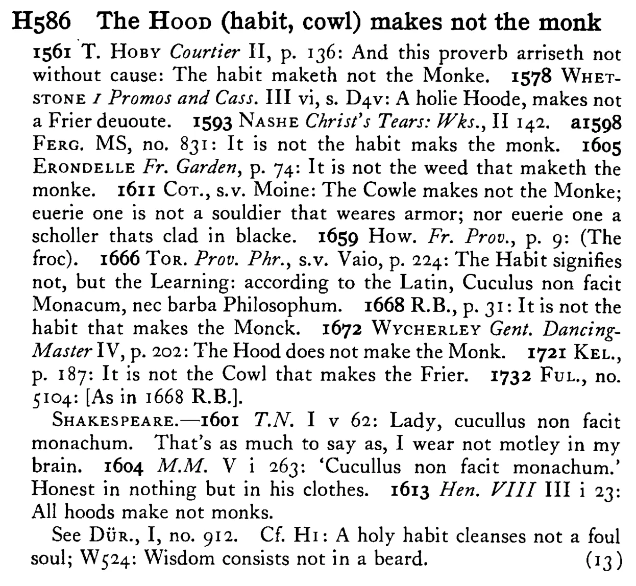 The HOOD (habit, cowl) makes not the monk - a scanned entry from Tilley's 1950 Dictionary of Proverbs.