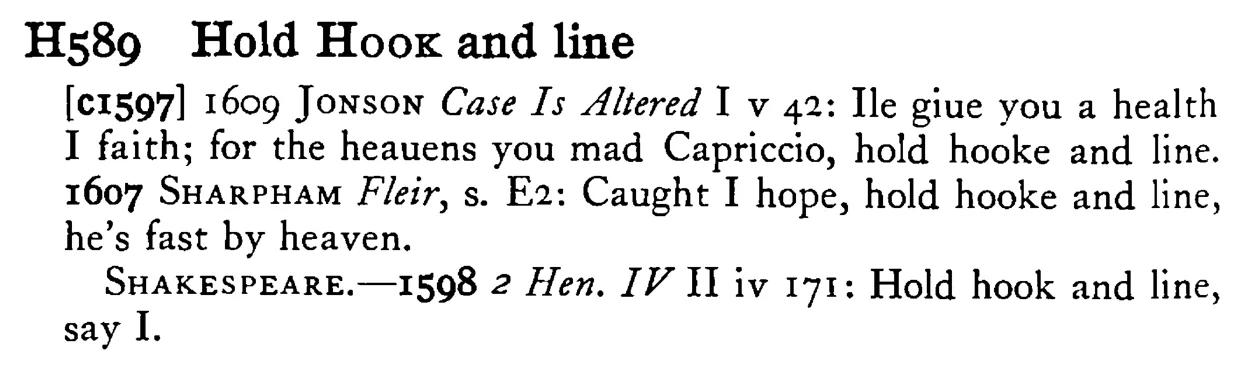 Hold HOOK and line - a scanned entry from Tilley's 1950 Dictionary of Proverbs.