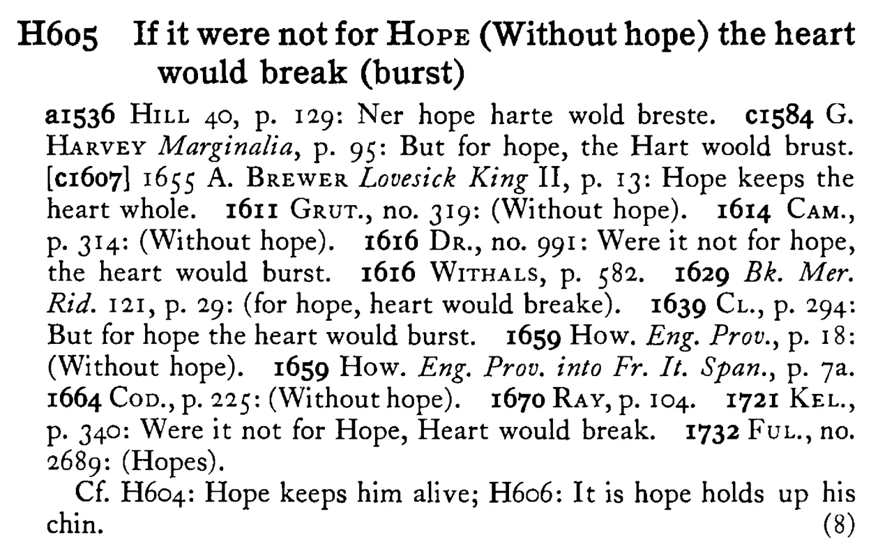 If it were not for HOPE (Without hope) the heart would break (burst) - a scanned entry from Tilley's 1950 Dictionary of Proverbs.