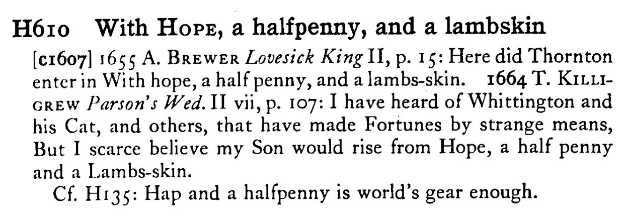 With HOPE, a halfpenny, and a lambskin - a scanned entry from Tilley's 1950 Dictionary of Proverbs.