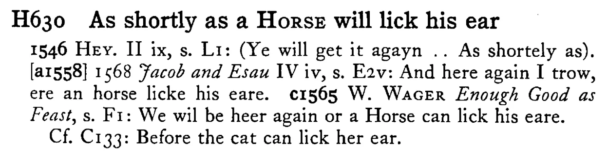 As shortly as a HORSE will lick his ear - a scanned entry from Tilley's 1950 Dictionary of Proverbs.