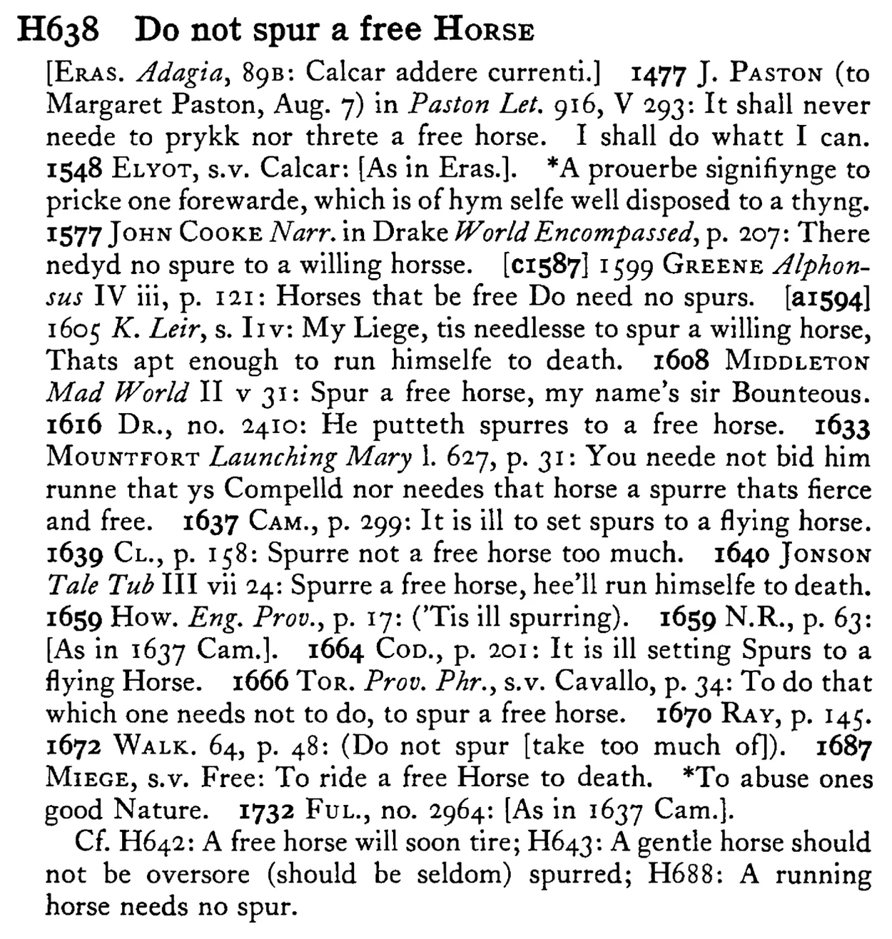 Do not spur a free HORSE - a scanned entry from Tilley's 1950 Dictionary of Proverbs.