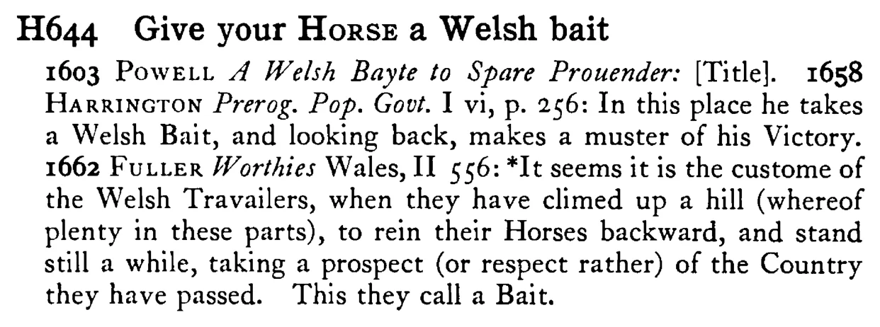 Give your HORSE a Welsh bait - a scanned entry from Tilley's 1950 Dictionary of Proverbs.