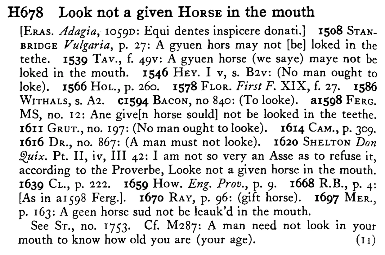 Look not a given HORSE in the mouth - a scanned entry from Tilley's 1950 Dictionary of Proverbs.