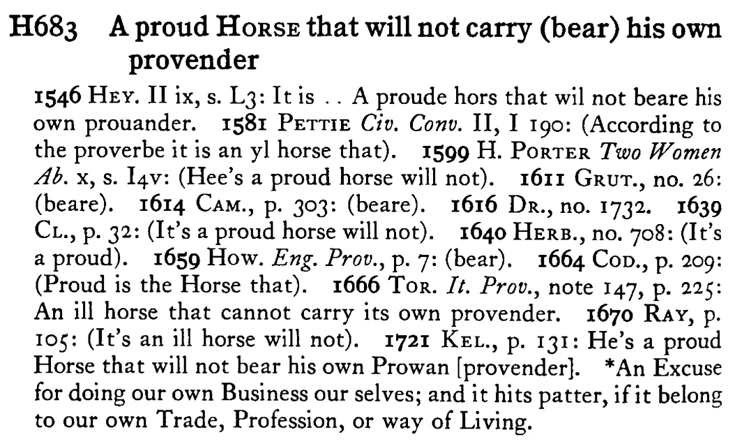 A proud HORSE that will not carry (bear) his own provender - a scanned entry from Tilley's 1950 Dictionary of Proverbs.