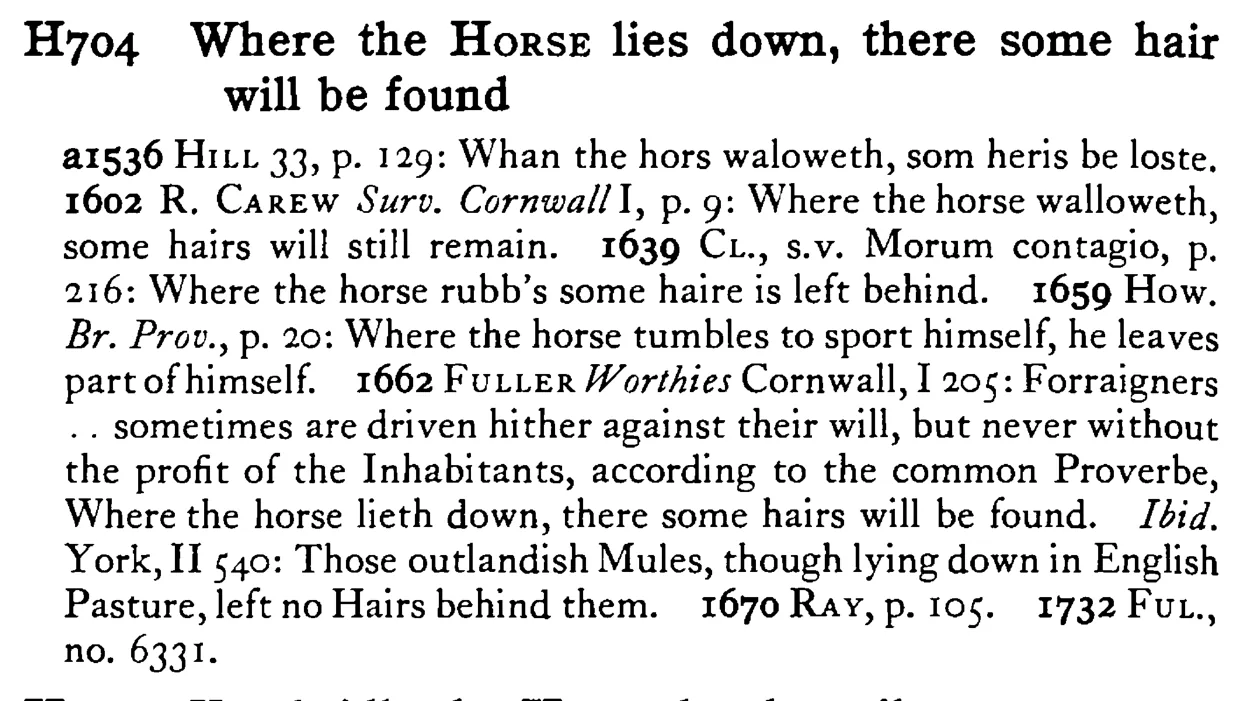 Where the HORSE lies down, there some hair will be found - a scanned entry from Tilley's 1950 Dictionary of Proverbs.