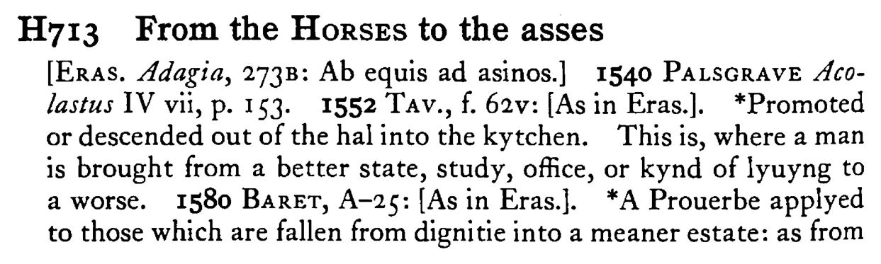 From the HORSES to the asses - a scanned entry from Tilley's 1950 Dictionary of Proverbs.