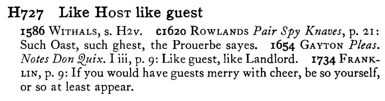 Like HOST like guest - a scanned entry from Tilley's 1950 Dictionary of Proverbs.