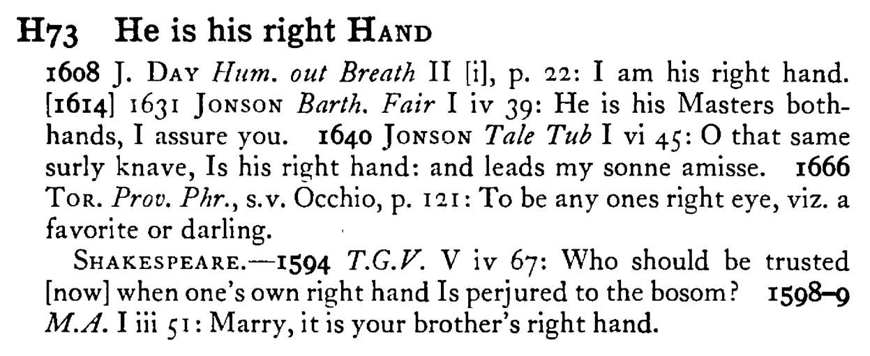He is his right HAND - a scanned entry from Tilley's 1950 Dictionary of Proverbs.