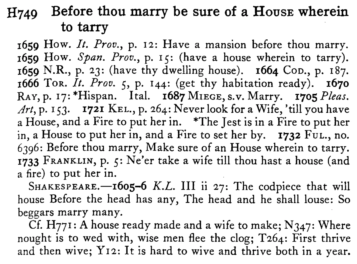 Before thou marry be sure of a HOUSE wherein to tarry - a scanned entry from Tilley's 1950 Dictionary of Proverbs.