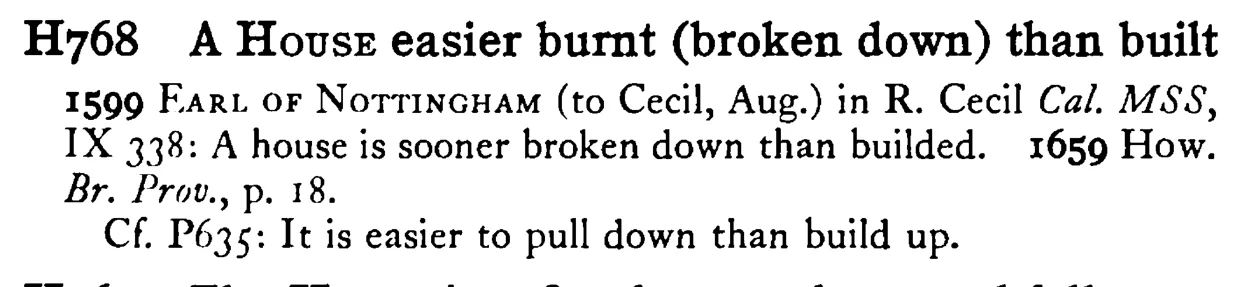 A HOUSE easier burnt (broken down) than built - a scanned entry from Tilley's 1950 Dictionary of Proverbs.