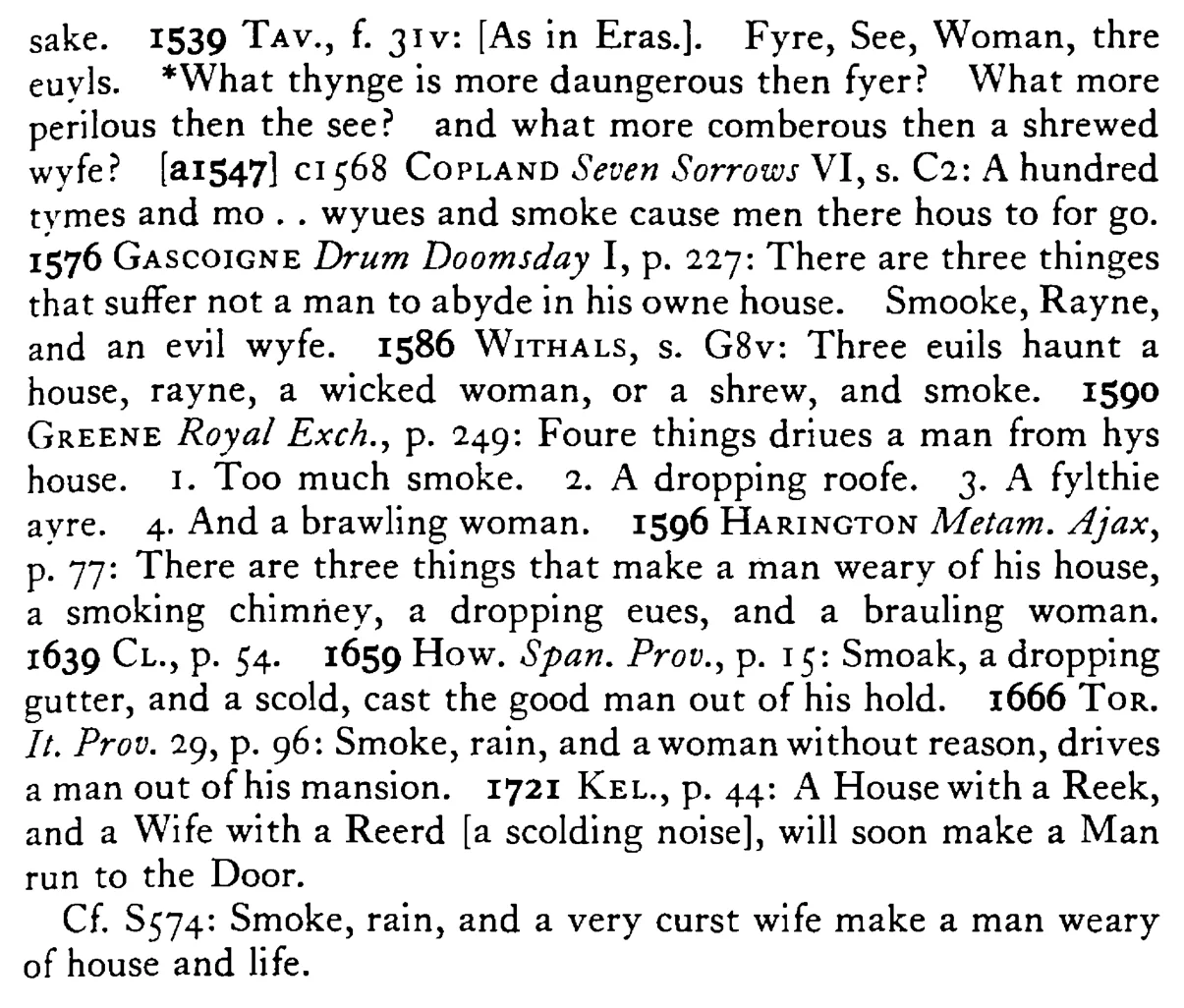 A smoking HOUSE and a chiding wife make a man run out of doors (Smoke, rain, and a cursed wife drive a man out of his house) - a scanned entry from Tilley's 1950 Dictionary of Proverbs. (continuation)