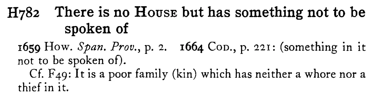 There is no HOUSE but has something not to be spoken of - a scanned entry from Tilley's 1950 Dictionary of Proverbs.