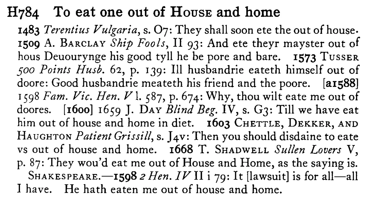 To eat one out of HOUSE and home - a scanned entry from Tilley's 1950 Dictionary of Proverbs.