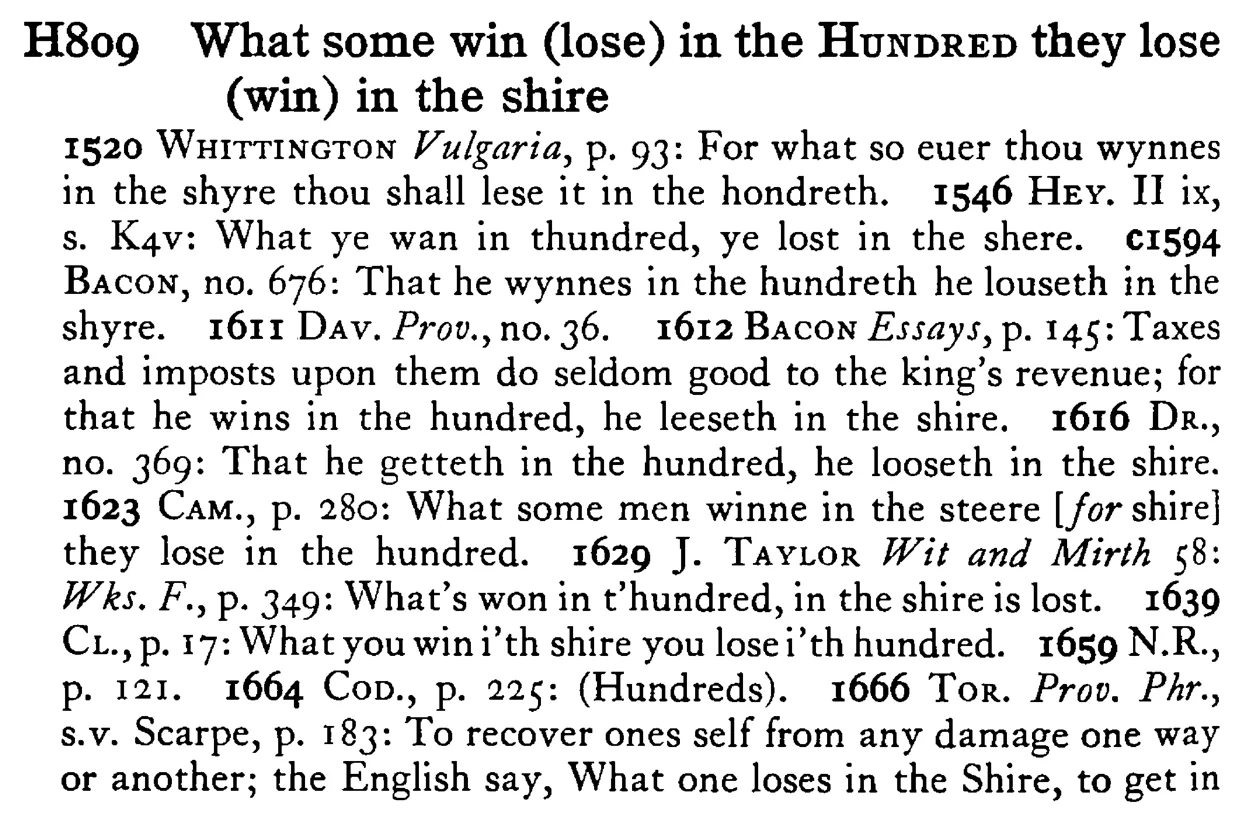 What some win (lose) in the HUNDRED they lose (win) in the shire - a scanned entry from Tilley's 1950 Dictionary of Proverbs.