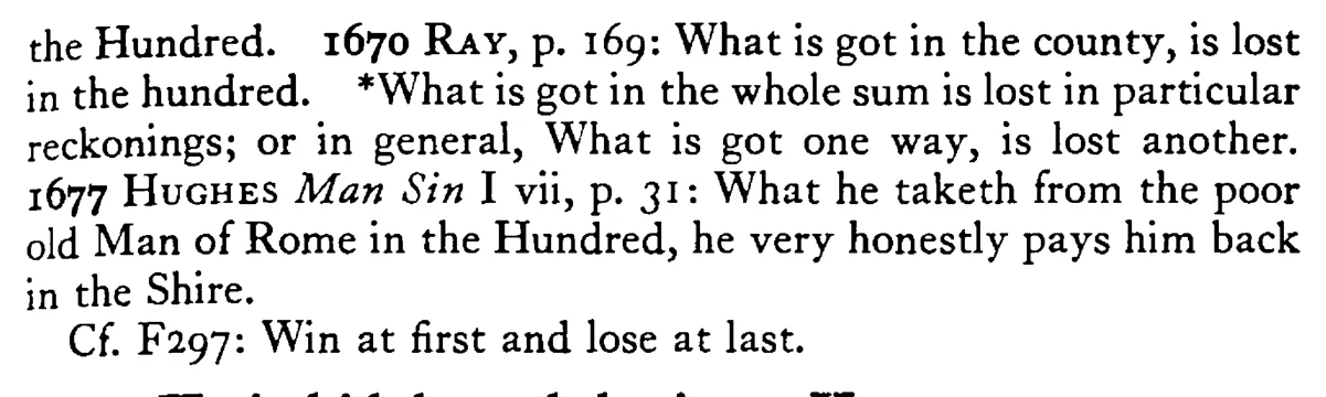 What some win (lose) in the HUNDRED they lose (win) in the shire - a scanned entry from Tilley's 1950 Dictionary of Proverbs. (continuation)
