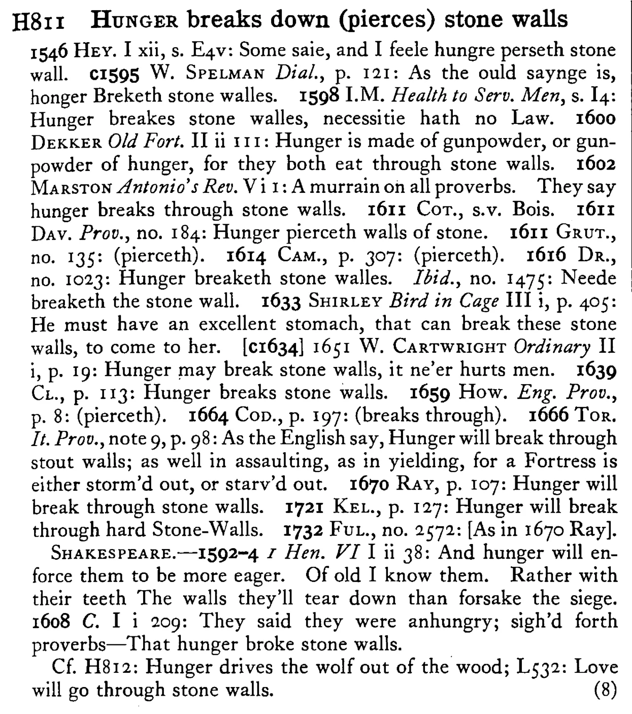 HUNGER breaks down (pierces) stone walls - a scanned entry from Tilley's 1950 Dictionary of Proverbs.