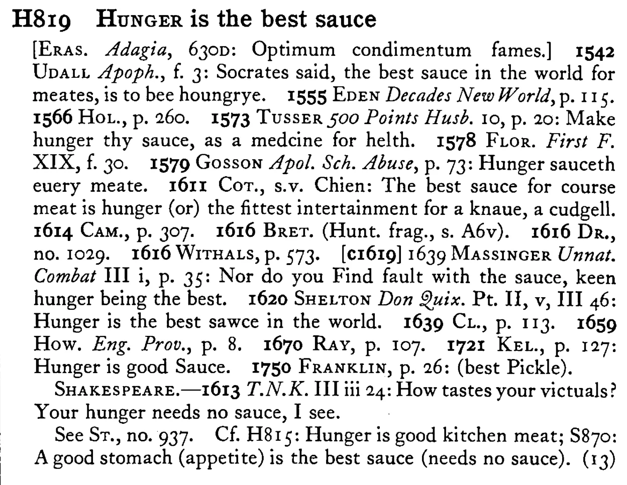 HUNGER is the best sauce - a scanned entry from Tilley's 1950 Dictionary of Proverbs.