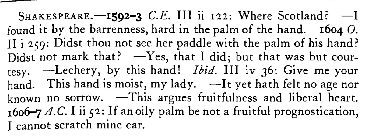 A moist HAND argues an amorous nature (fruitfulness) - a scanned entry from Tilley's 1950 Dictionary of Proverbs. (continuation)