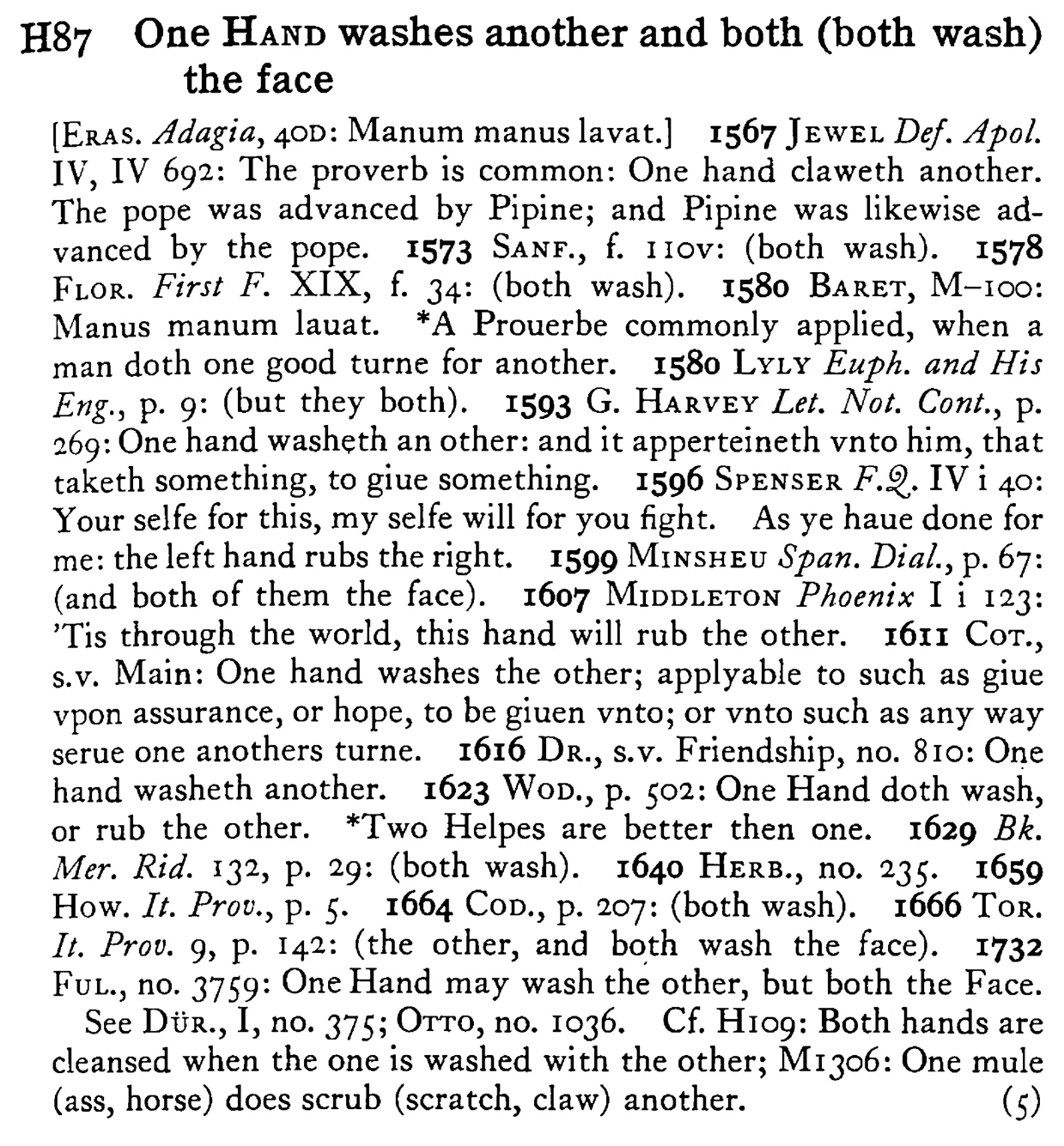 One HAND washes another and both (both wash) the face - a scanned entry from Tilley's 1950 Dictionary of Proverbs.