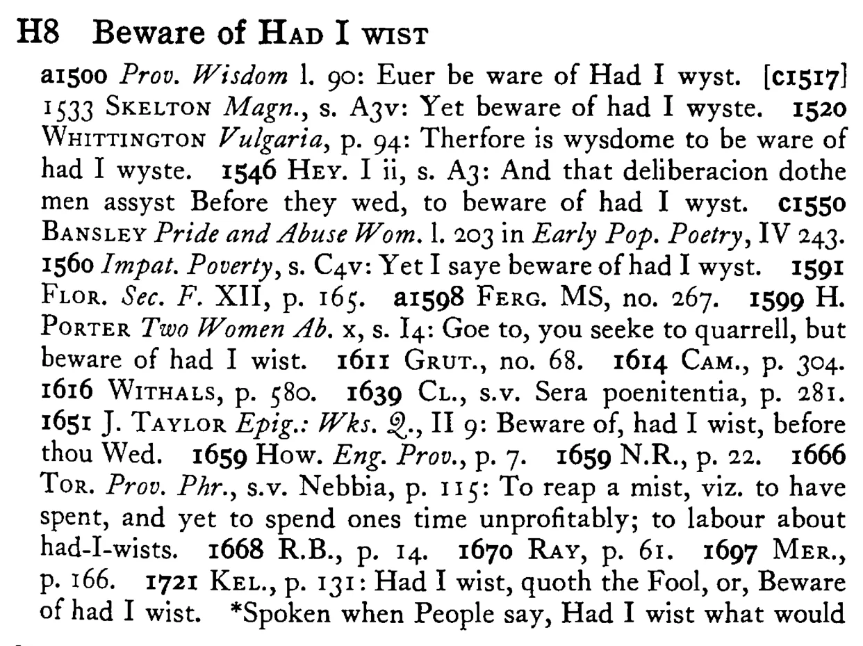 Beware of HAD I WIST - a scanned entry from Tilley's 1950 Dictionary of Proverbs.