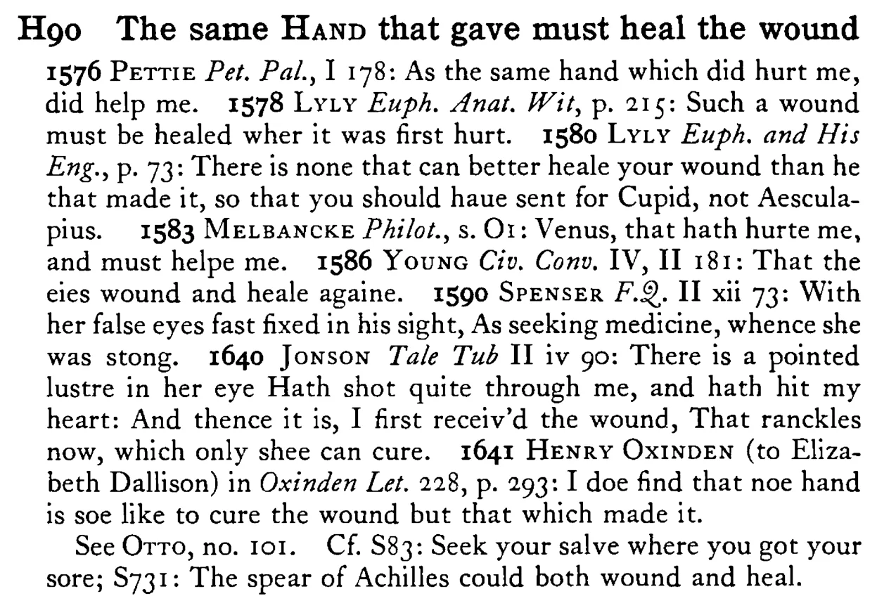 The same HAND that gave must heal the wound - a scanned entry from Tilley's 1950 Dictionary of Proverbs.