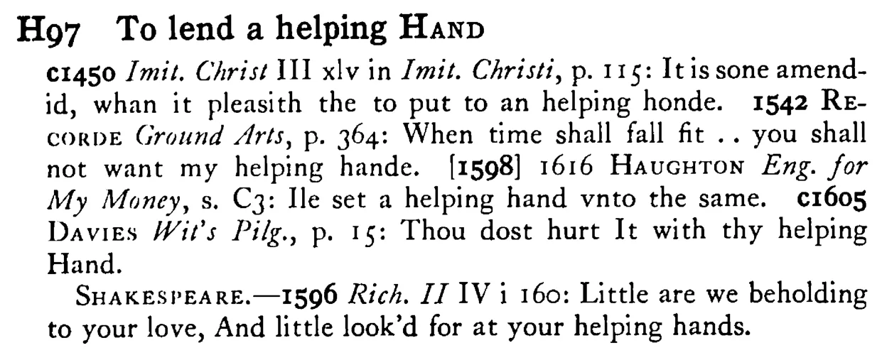 To lend a helping HAND - a scanned entry from Tilley's 1950 Dictionary of Proverbs.