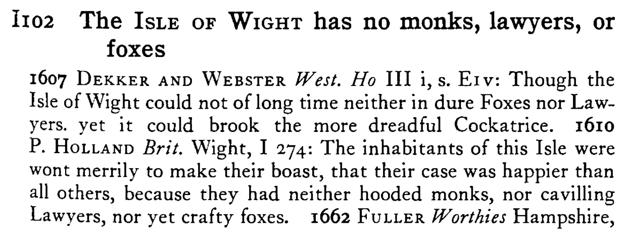 The ISLE OF WIGHT has no monks, lawyers, or foxes - a scanned entry from Tilley's 1950 Dictionary of Proverbs.