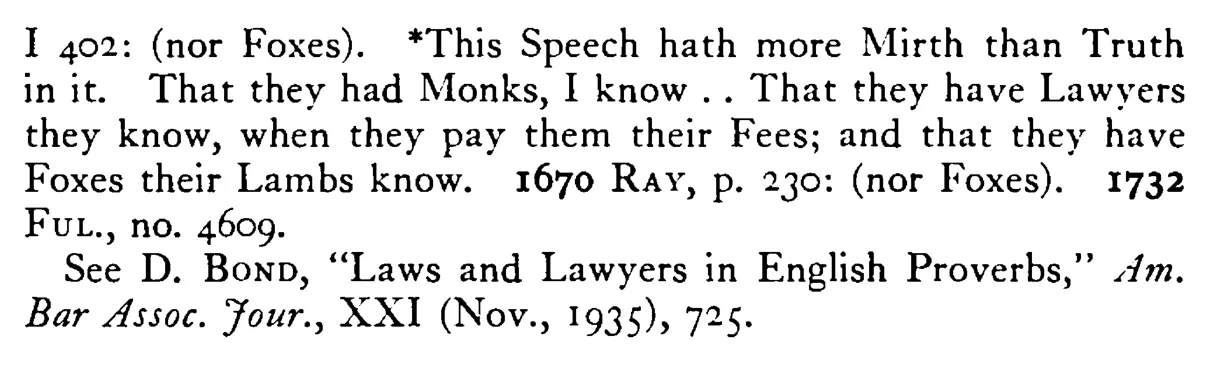 The ISLE OF WIGHT has no monks, lawyers, or foxes - a scanned entry from Tilley's 1950 Dictionary of Proverbs. (continuation)