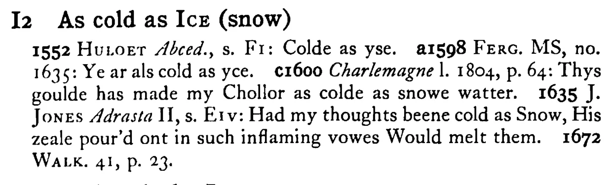 As cold as ICE (snow) - a scanned entry from Tilley's 1950 Dictionary of Proverbs.