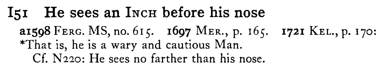 He sees an INCH before his nose - a scanned entry from Tilley's 1950 Dictionary of Proverbs.