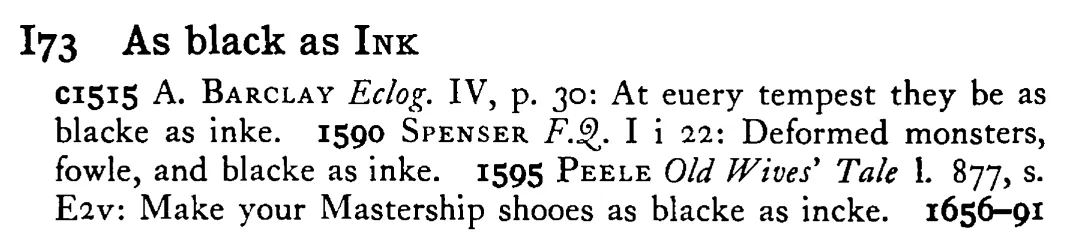 As black as INK - a scanned entry from Tilley's 1950 Dictionary of Proverbs.