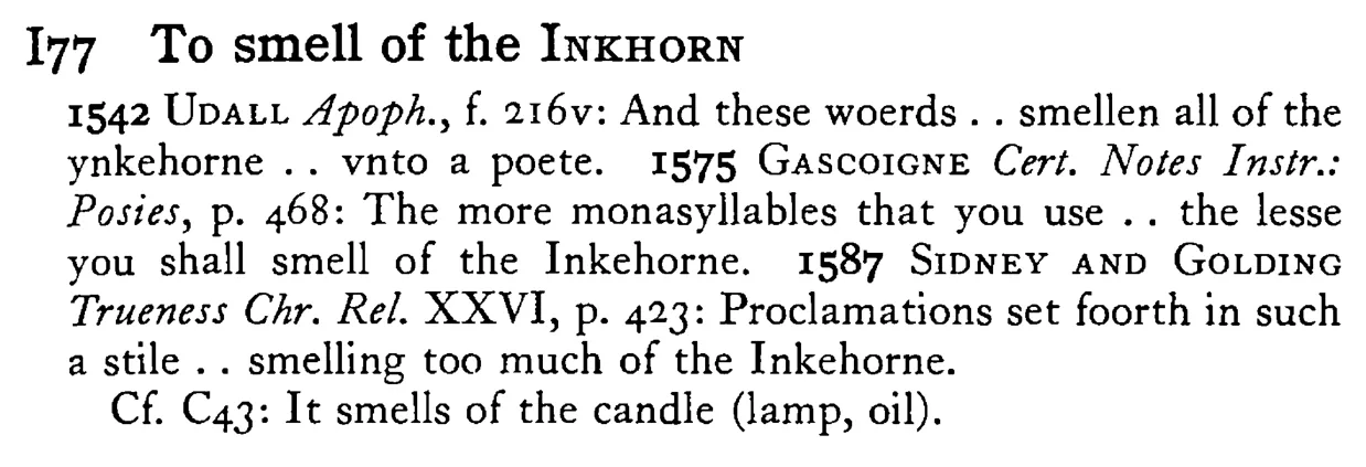 To smell of the INKHORN - a scanned entry from Tilley's 1950 Dictionary of Proverbs.