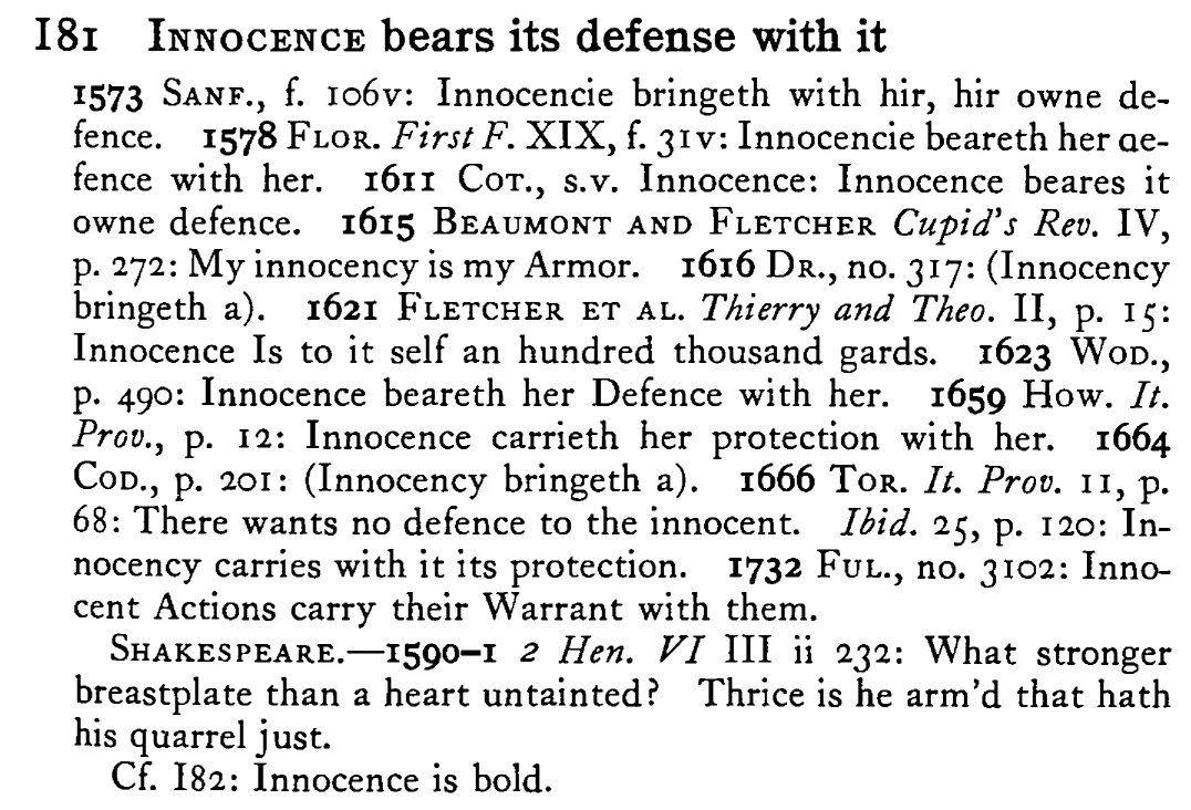 INNOCENCE bears its defense with it - a scanned entry from Tilley's 1950 Dictionary of Proverbs.