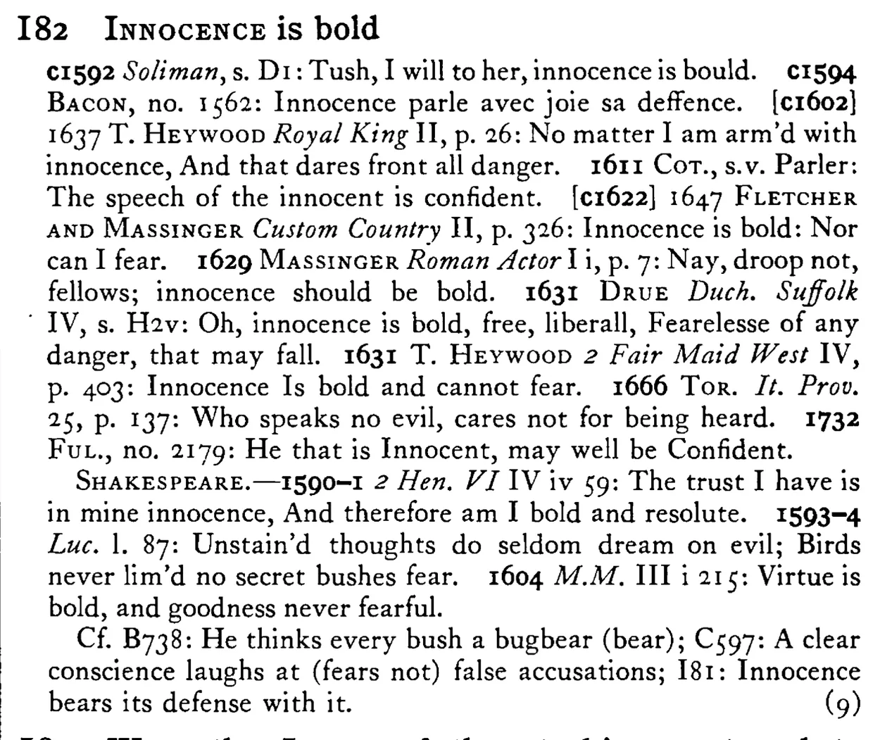INNOCENCE is bold - a scanned entry from Tilley's 1950 Dictionary of Proverbs.