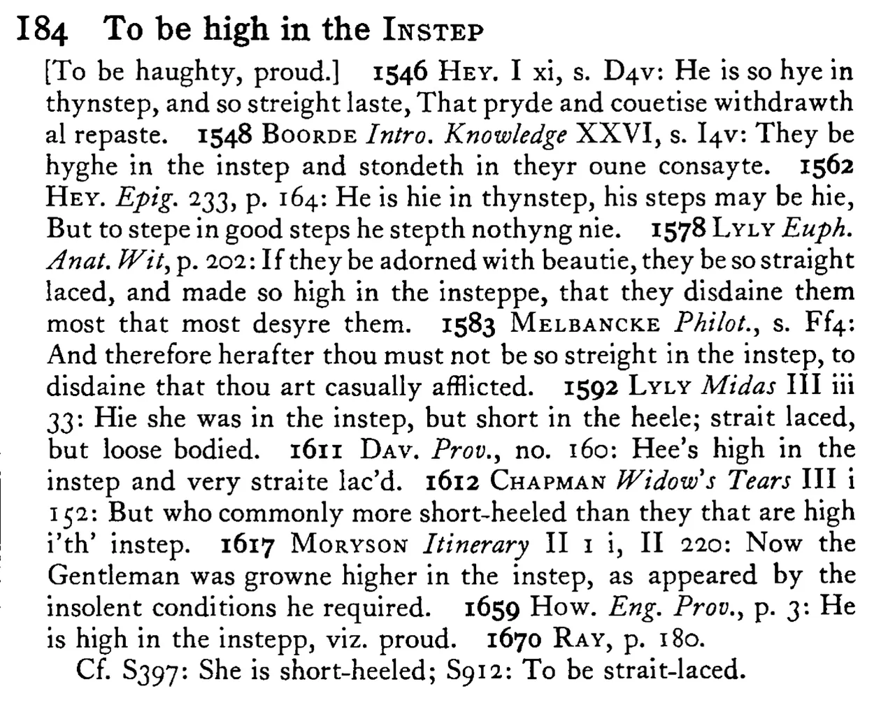 To be high in the INSTEP - a scanned entry from Tilley's 1950 Dictionary of Proverbs.