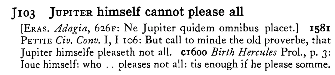 JUPITER himself cannot please all - a scanned entry from Tilley's 1950 Dictionary of Proverbs.