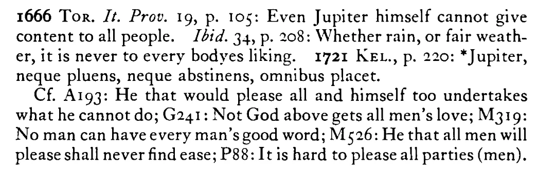 JUPITER himself cannot please all - a scanned entry from Tilley's 1950 Dictionary of Proverbs. (continuation)