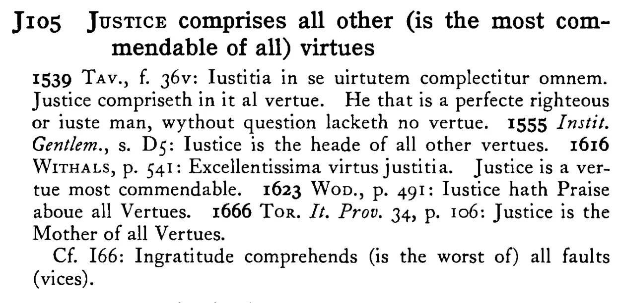 JUSTICE comprises all other (is the most commendable of all) virtues - a scanned entry from Tilley's 1950 Dictionary of Proverbs.