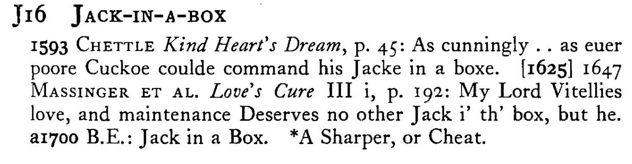 JACK-IN-A-BOX - a scanned entry from Tilley's 1950 Dictionary of Proverbs.