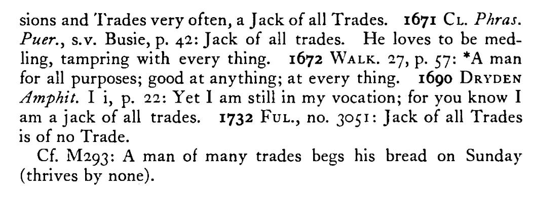 JACK-OF-ALL-TRADES (John-of-all-trades) - a scanned entry from Tilley's 1950 Dictionary of Proverbs. (continuation)