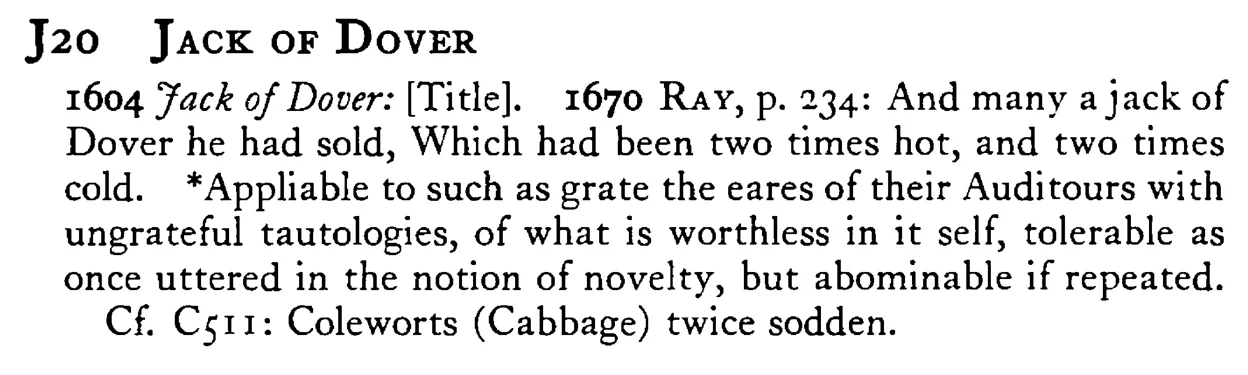 JACK OF DOVER - a scanned entry from Tilley's 1950 Dictionary of Proverbs.