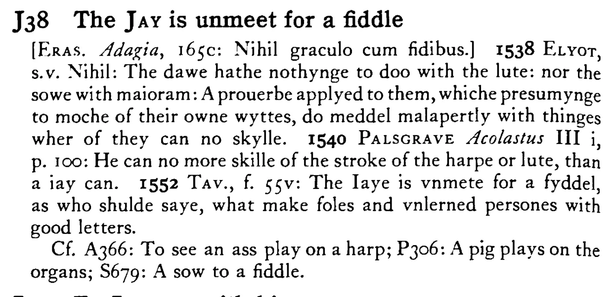 The JAY is unmeet for a fiddle - a scanned entry from Tilley's 1950 Dictionary of Proverbs.