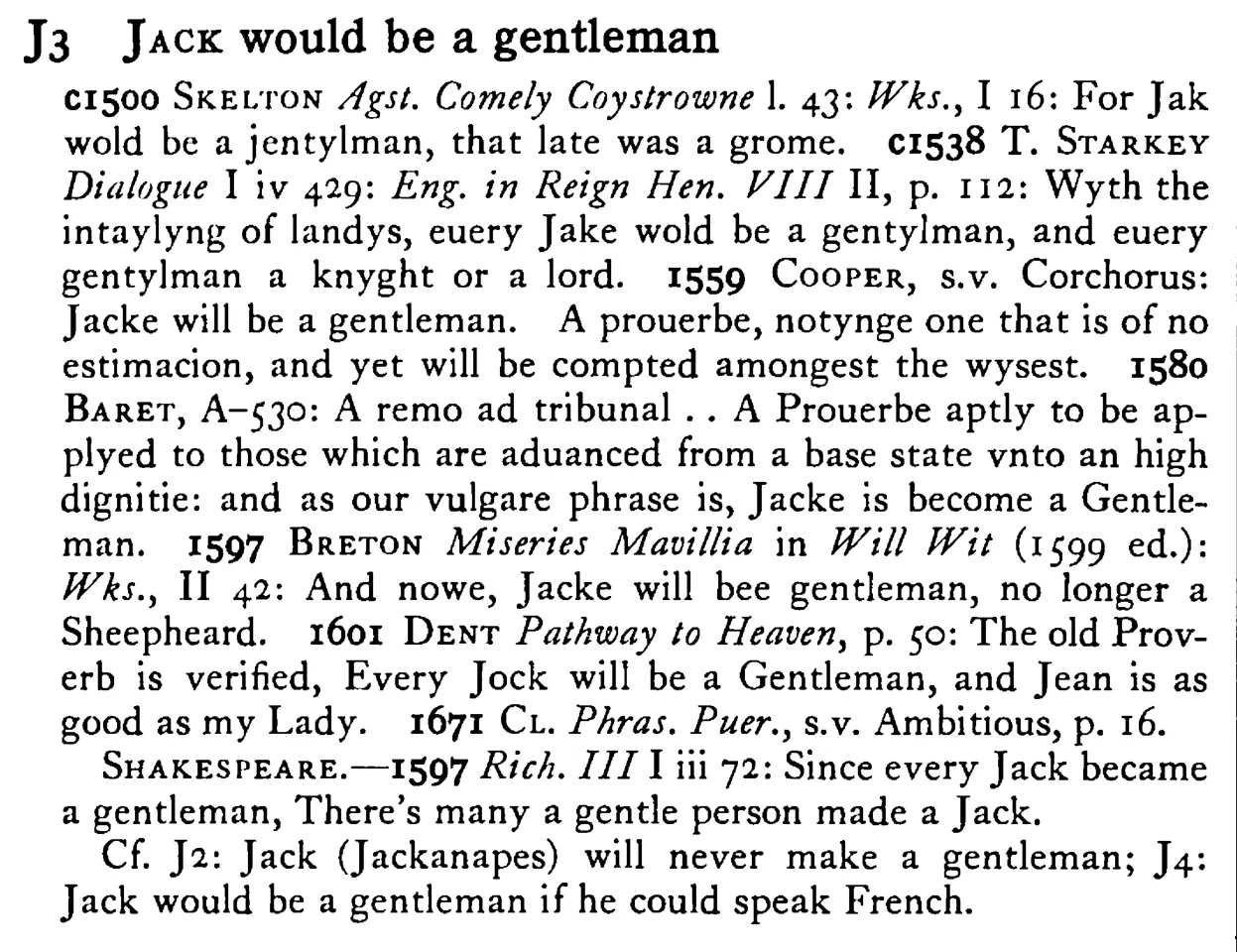 JACK would be a gentleman - a scanned entry from Tilley's 1950 Dictionary of Proverbs.