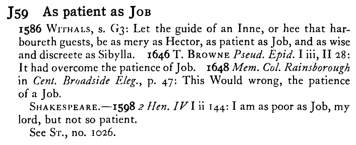 As patient as JOB - a scanned entry from Tilley's 1950 Dictionary of Proverbs.