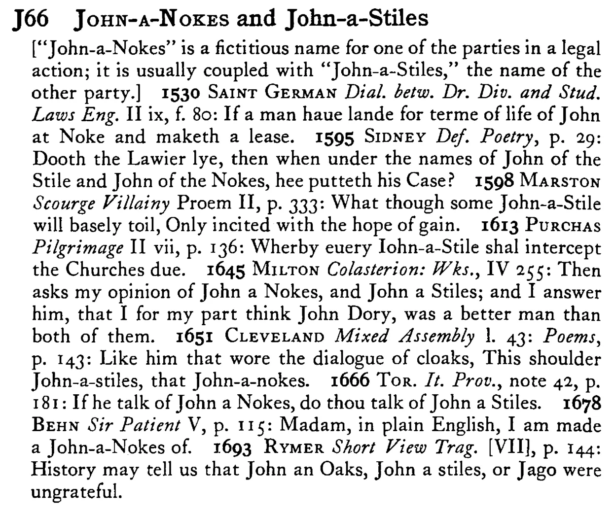 JOHN-A-NOKES and John-a-Stiles - a scanned entry from Tilley's 1950 Dictionary of Proverbs.
