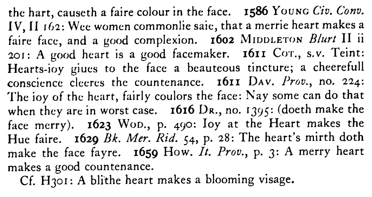 The JOY of the heart makes the face fair (a fair color) - a scanned entry from Tilley's 1950 Dictionary of Proverbs. (continuation)