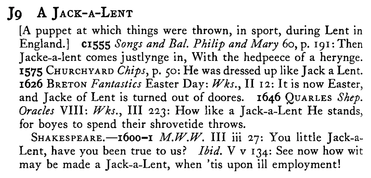 A JACK-A-LENT - a scanned entry from Tilley's 1950 Dictionary of Proverbs.